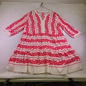 Fig + Flower Red Cream Leaf Print Tiered Tunic Dress 3X Plus Size Boho Tunic